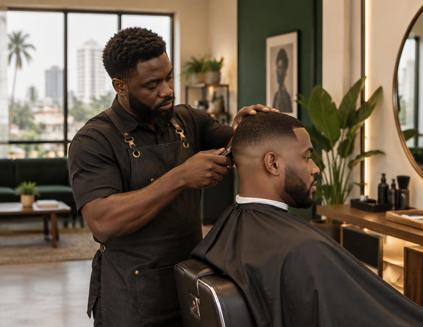 Barber finishing a skin fade at Fade District in Yaba, Lagos